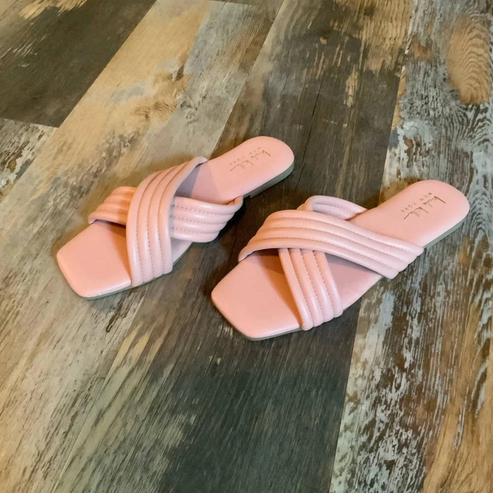 Nicole Miller Blush Pink Quilted Cross-Strap Slide Sandals